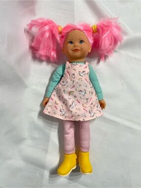 VINTAGE 15” Corolle Rainbow Doll Praline vibrant pink hair & freckled Face GUC